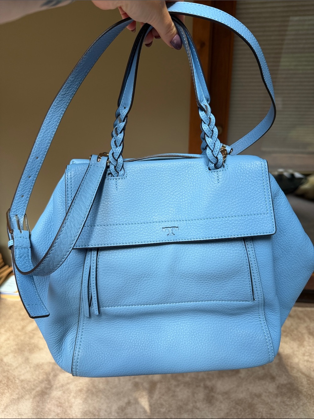 Tory Burch Half Moon LG Blue Braided-Handle Shoulder Bag Detachable Strap